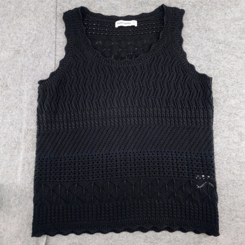 PrettyGarden Black Crochet Knit Sleeveless Scallop Hem Pointelle Tank Top Small